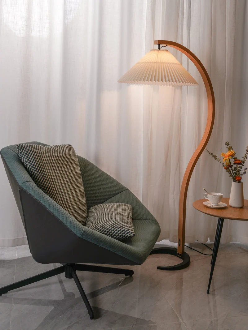 Boog Vloerlamp Beukenhouten Linnen Kap Retro Woonkamer | Sansoti