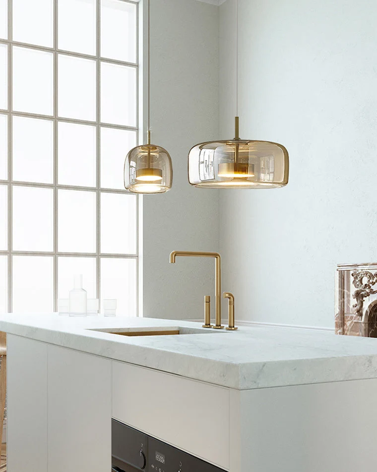 Hanglamp Geblazen Glas Amber Goud Rond Verstelbaar Eettafel Woonkamer Modern | Sansoti