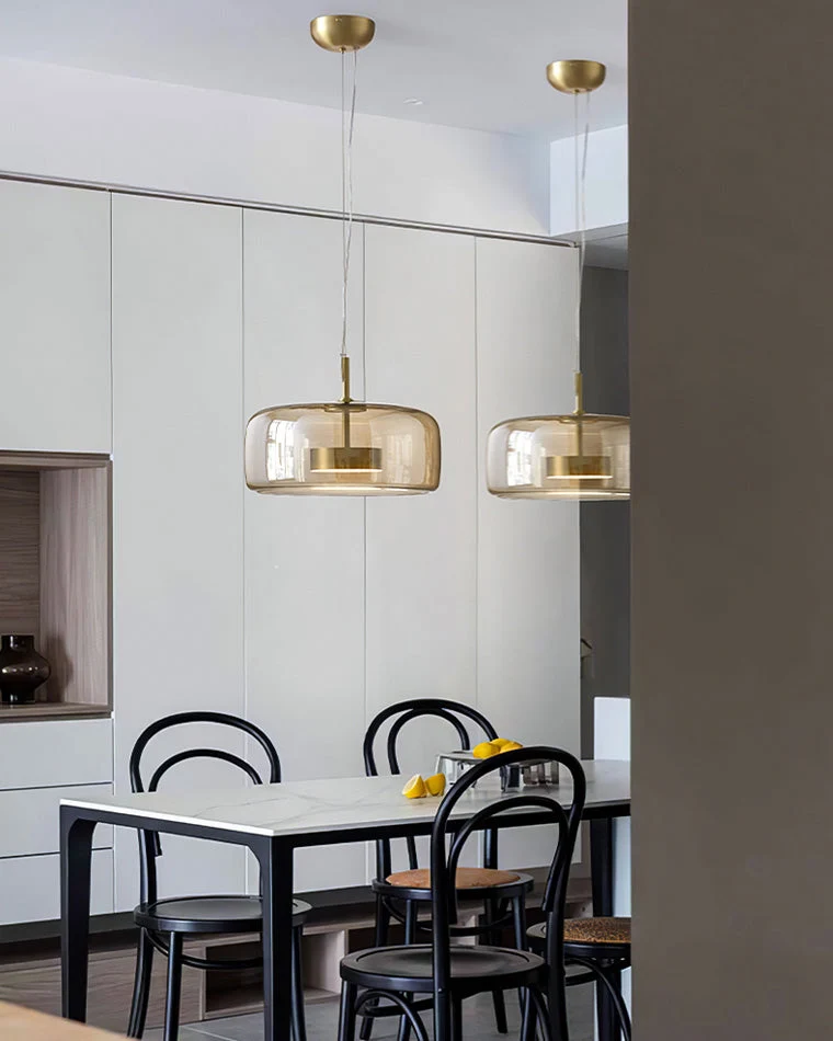 Hanglamp Geblazen Glas Amber Goud Rond Verstelbaar Eettafel Woonkamer Modern | Sansoti