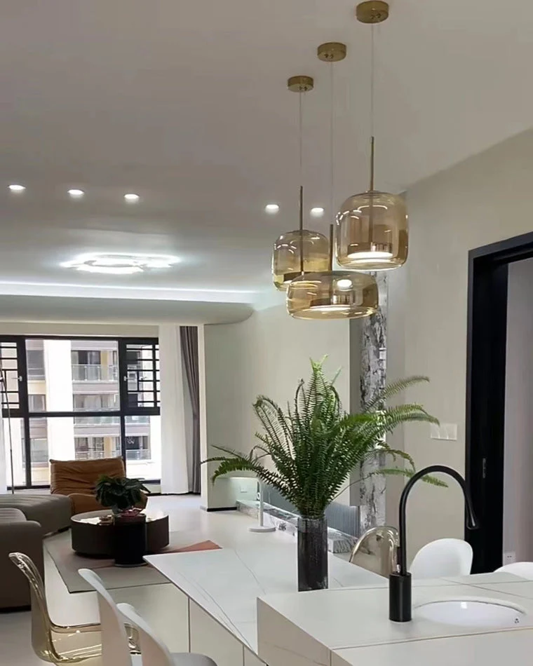 Hanglamp Geblazen Glas Amber Goud Rond Verstelbaar Eettafel Woonkamer Modern | Sansoti