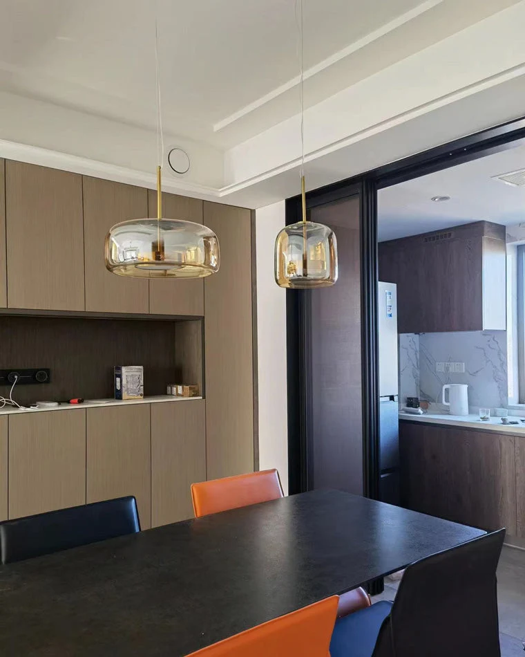 Hanglamp Geblazen Glas Amber Goud Rond Verstelbaar Eettafel Woonkamer Modern | Sansoti