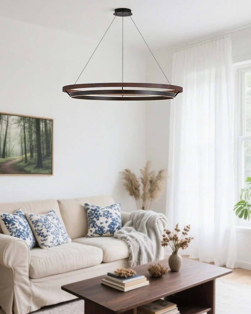 Houten Ringkroonluchter LED Ingebouwd Warm Wit Dimbaar Eetkamer Woonkamer Plafondlamp Modern Farmhouse | Sansoti