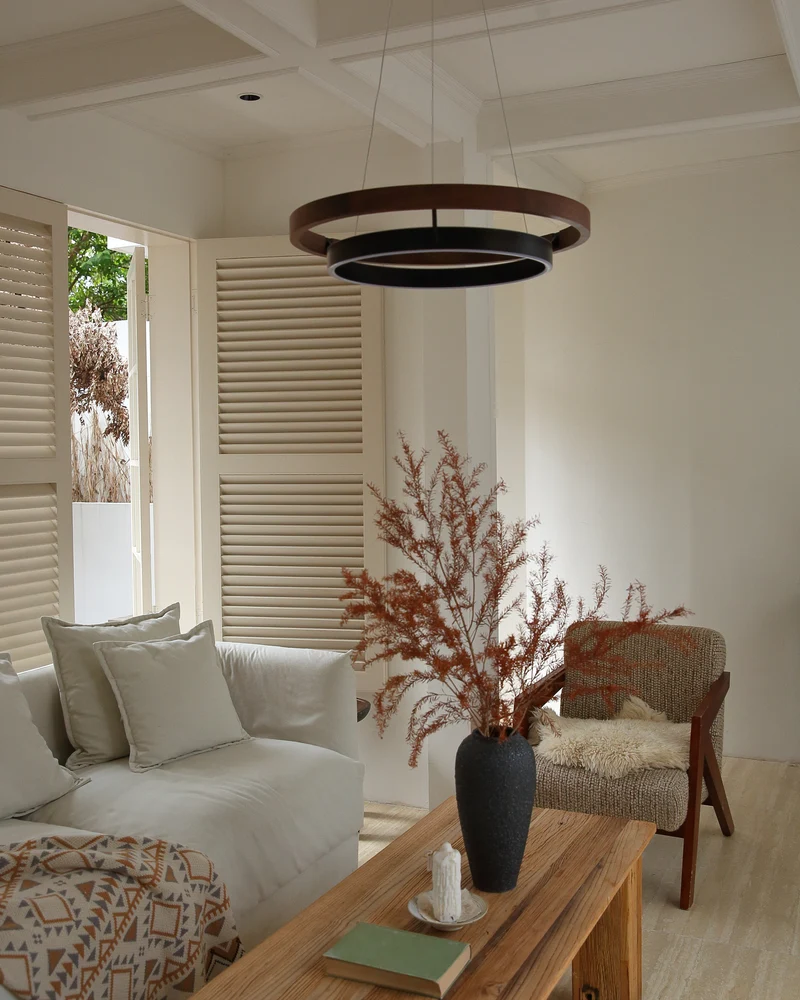 Houten Ringkroonluchter LED Ingebouwd Warm Wit Dimbaar Eetkamer Woonkamer Plafondlamp Modern Farmhouse | Sansoti
