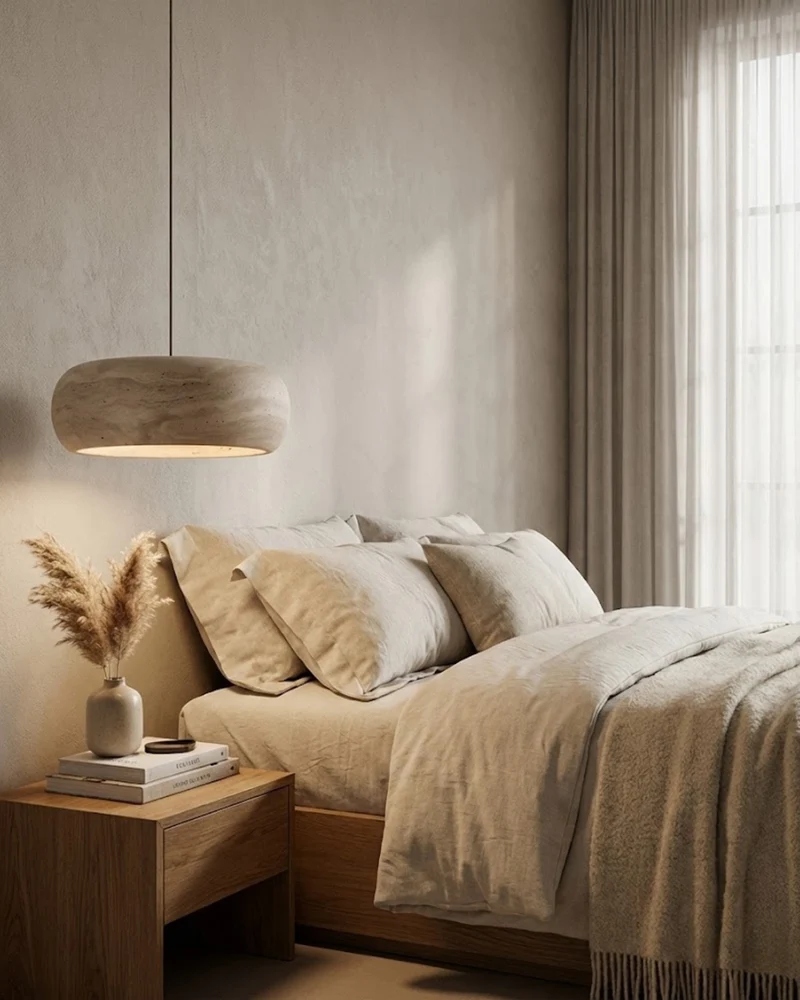 Vintage Hanglamp Crème Steentextuur Wabi Sabi Design | Scandinavische Eetkamer Verlichting Natuurlijke Sfeer Minimalistisch Interieur | Sansoti