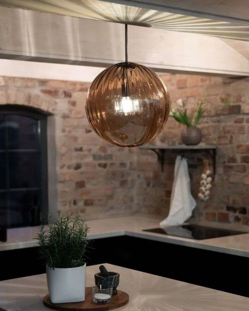 Glazen Hanglamp Bol met Structuur Grijs Bruin Rood Groen Amber Eetkamer Woonkamer | Sansoti