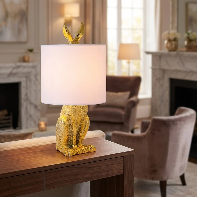 Tafellamp Konijn Goud Resin Linnen Kap E27 50cm Woonkamer Slaapkamer Decoratieve Nachtkastlamp Dierenlamp Sfeerverlichting | Sansoti