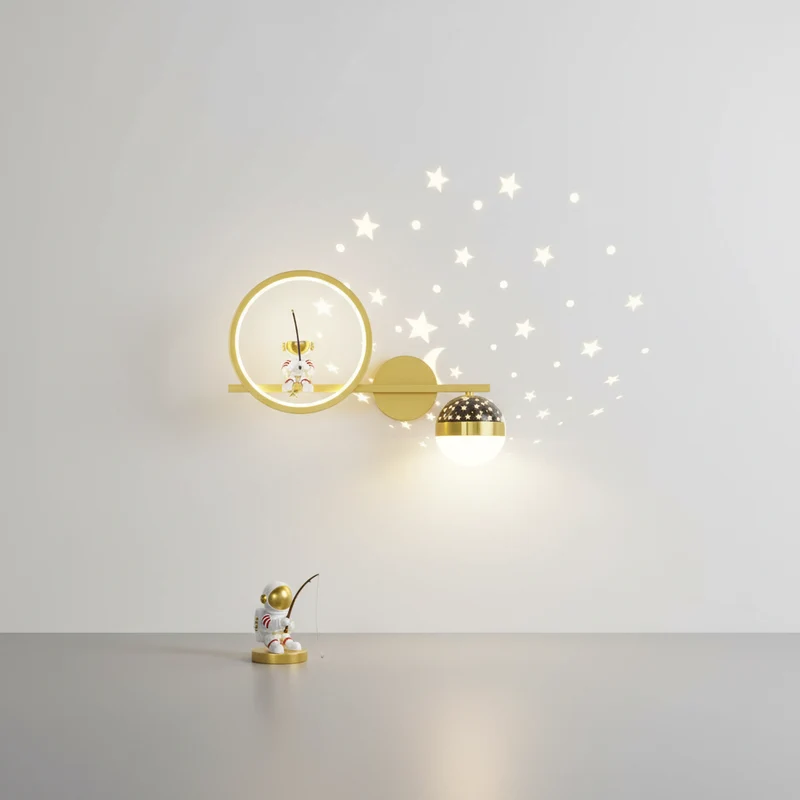 Wandlamp Kinderkamer Astronaut LED Goud Sterren Maan Nachtlamp Jongens Meisjes Babykamer Wandlicht Ruimtevaart Sfeerlamp | Sansoti