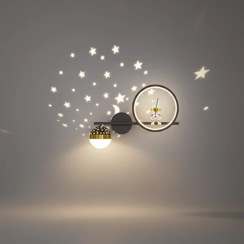 Wandlamp Kinderkamer Astronaut LED Goud Sterren Maan Nachtlamp Jongens Meisjes Babykamer Wandlicht Ruimtevaart Sfeerlamp | Sansoti