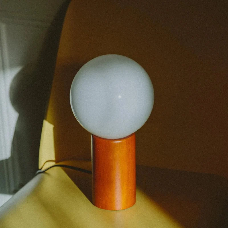 Tafellamp Hout Glas Vintage Mid-Century 28cm Ronde Bol Nachtkastlamp Slaapkamer | Sansoti