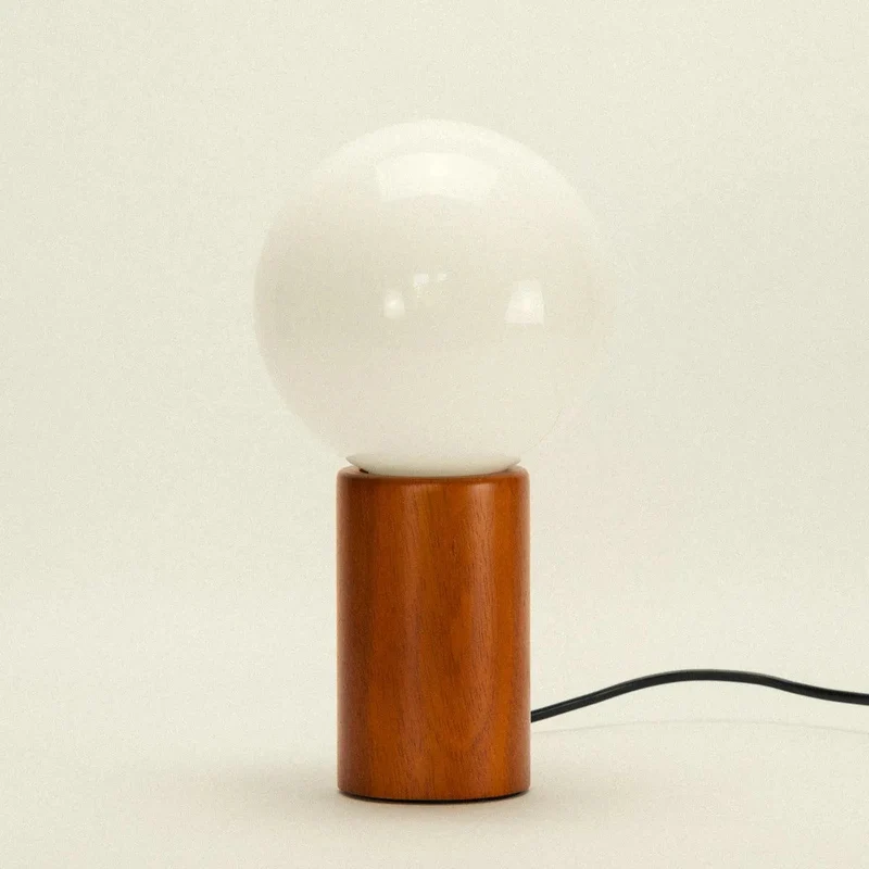 Tafellamp Hout Glas Vintage Mid-Century 28cm Ronde Bol Nachtkastlamp Slaapkamer | Sansoti