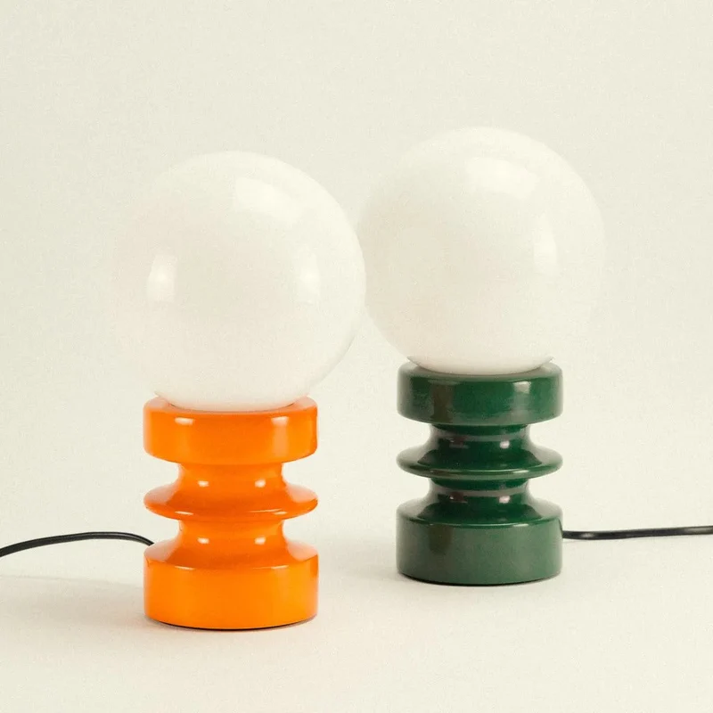 Tafellamp Massief Hout Glas Vintage 28cm Groen Oranje Retro Sfeerverlichting Modern | Sansoti