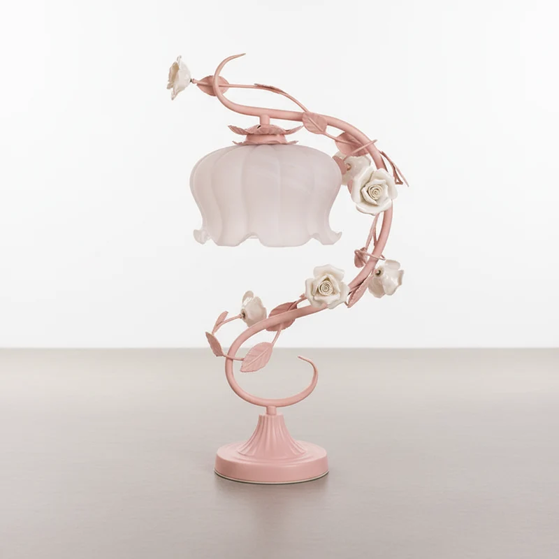 Tafelamp Rozen Metaal Glas Roze Slaapkamer Nachtkastlamp Romantisch Shabby Chic Bloemen Decoratielamp | Sansoti