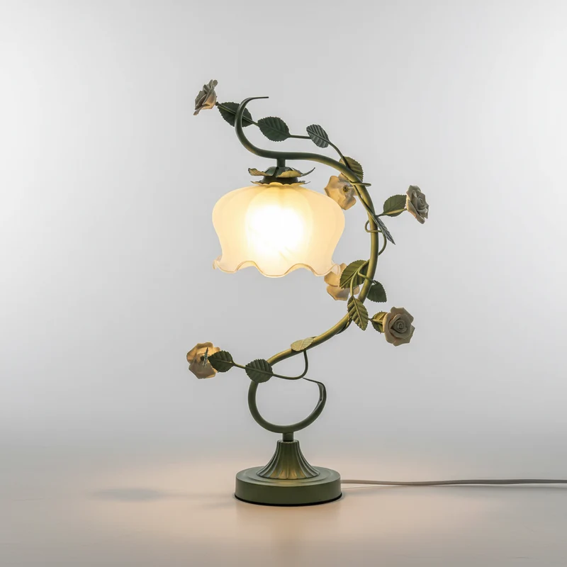 Tafelamp Rozen Metaal Glas Roze Slaapkamer Nachtkastlamp Romantisch Shabby Chic Bloemen Decoratielamp | Sansoti