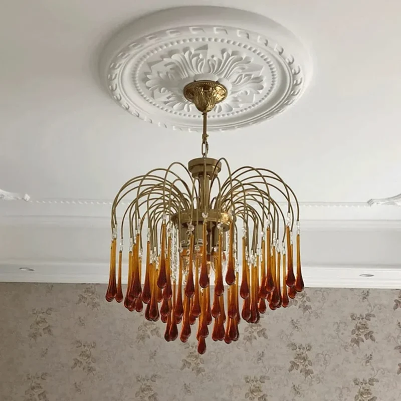 Hanglamp Amberglas E27 Goud Ø60cm Druppels Kristal Woonkamer Eetkamer Hal Kroonluchter Murano Stijl Art Deco | Sansoti