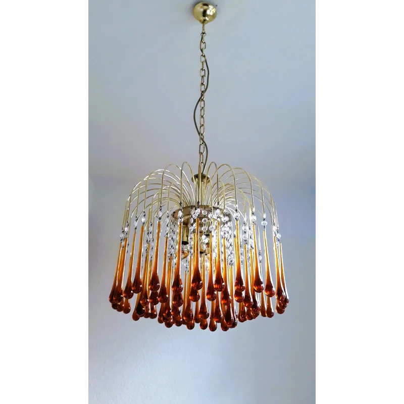 Hanglamp Amberglas E27 Goud Ø60cm Druppels Kristal Woonkamer Eetkamer Hal Kroonluchter Murano Stijl Art Deco | Sansoti