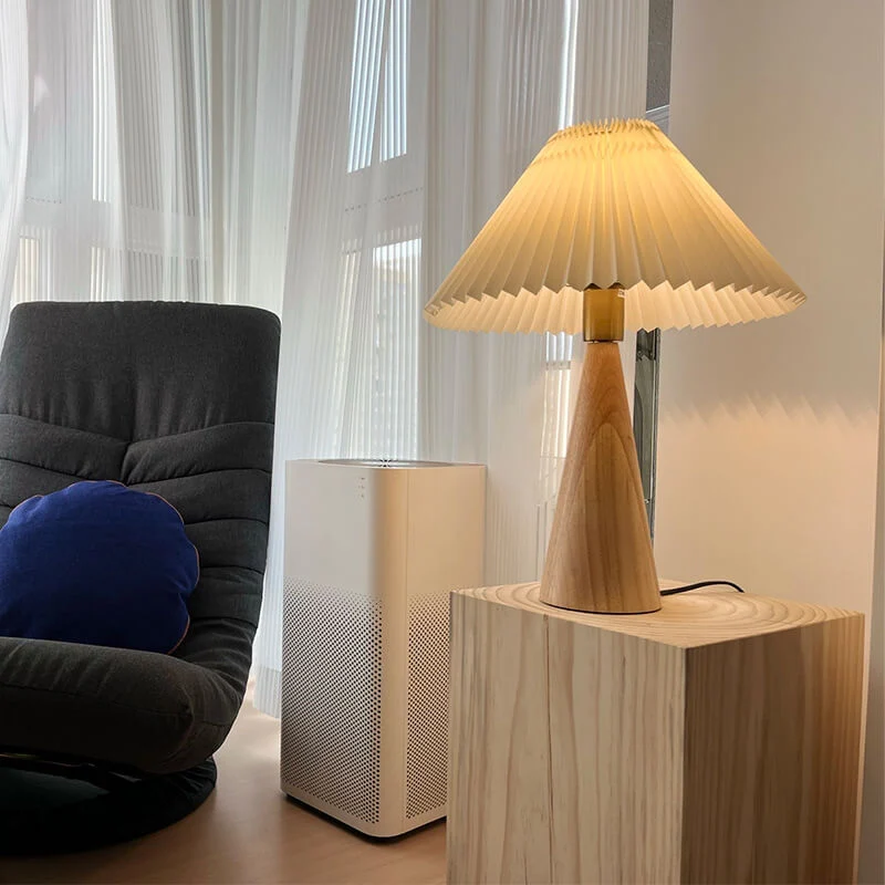 Tafellamp Hout Geplooide Stof Kap E26 35x48cm Dimbaar Japans Slaapkamer Woonkamer | Sansoti