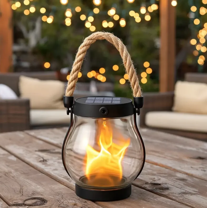 Zonne-energie Lantaarn Vlam Effect 22 LED 25,5cm Buiten Tuin Terras Hangend Zonne-energie Sfeerverlichting Henneptouw Waterdicht | Sansoti