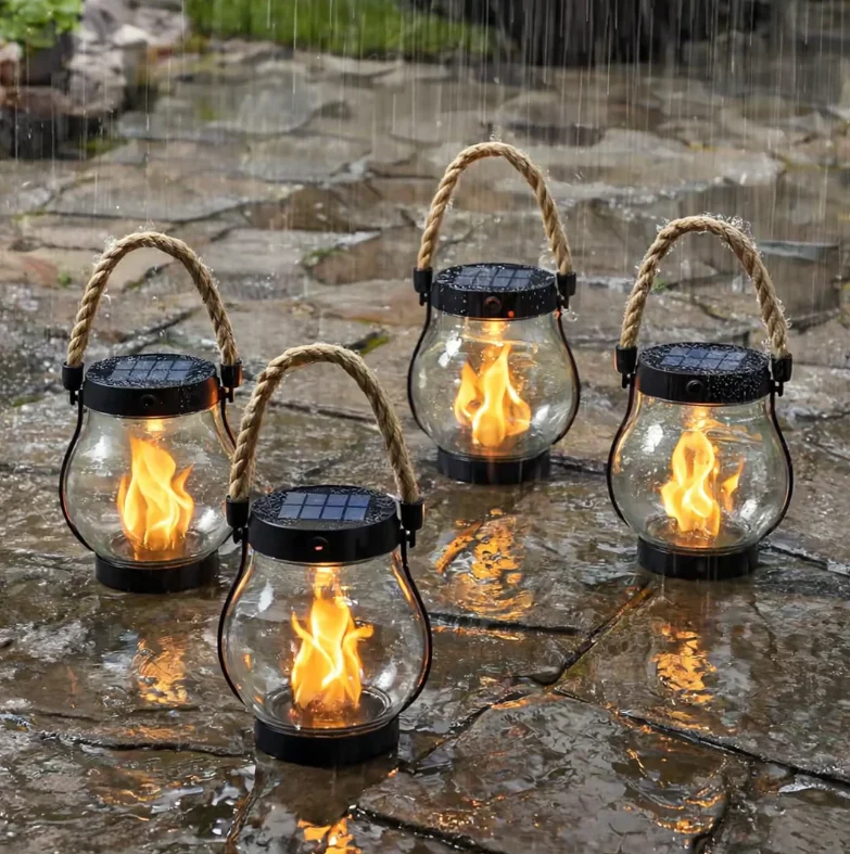 Zonne-energie Lantaarn Vlam Effect 22 LED 25,5cm Buiten Tuin Terras Hangend Zonne-energie Sfeerverlichting Henneptouw Waterdicht | Sansoti
