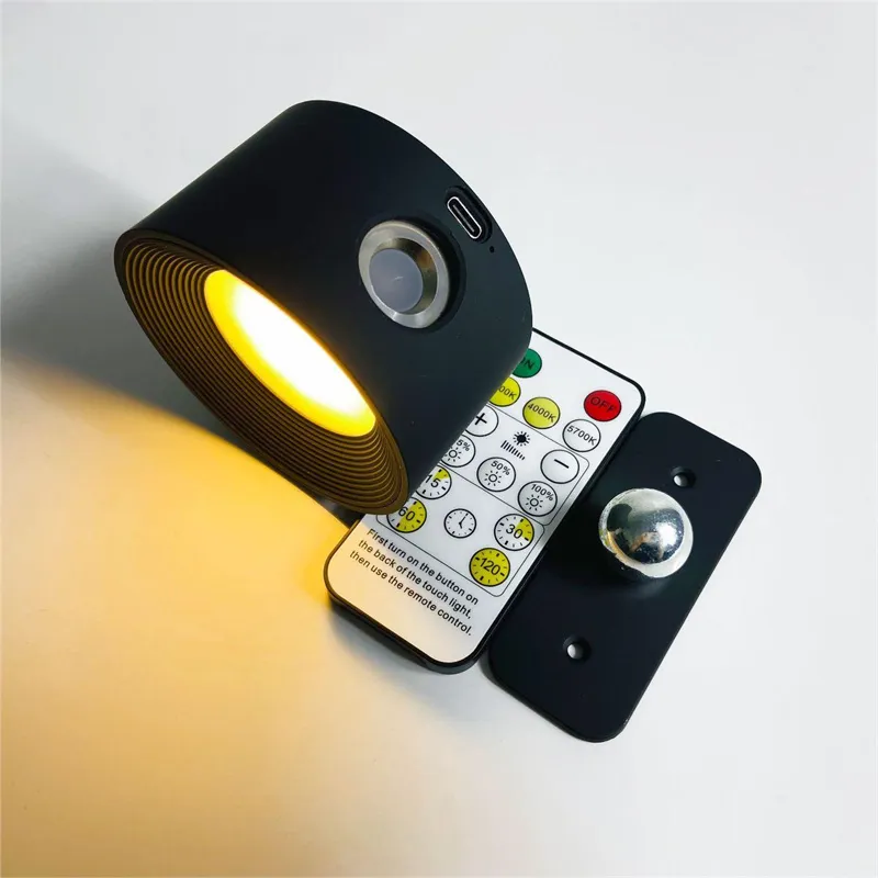 Wandlamp Draadloos Oplaadbaar Dimbaar 360° Roteerbaar Touch Afstandsbediening Wit Zwart Hout | Sansoti