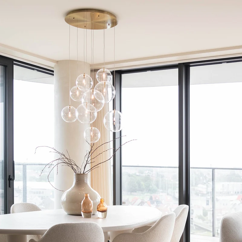 Cluster Hanglamp 9 Glazen Bollen Antiek Messing Verstelbaar 170cm Woonkamer | Sansoti