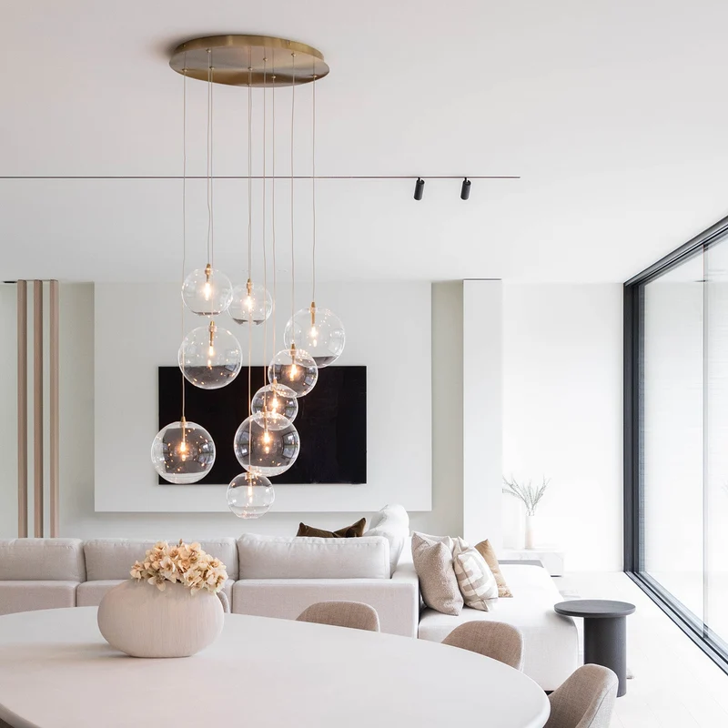 Cluster Hanglamp 9 Glazen Bollen Antiek Messing Verstelbaar 170cm Woonkamer | Sansoti