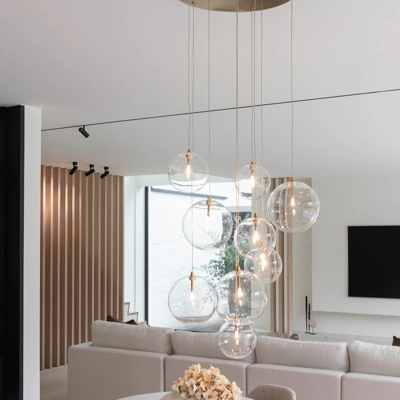 Cluster Hanglamp 9 Glazen Bollen Antiek Messing Verstelbaar 170cm Woonkamer | Sansoti