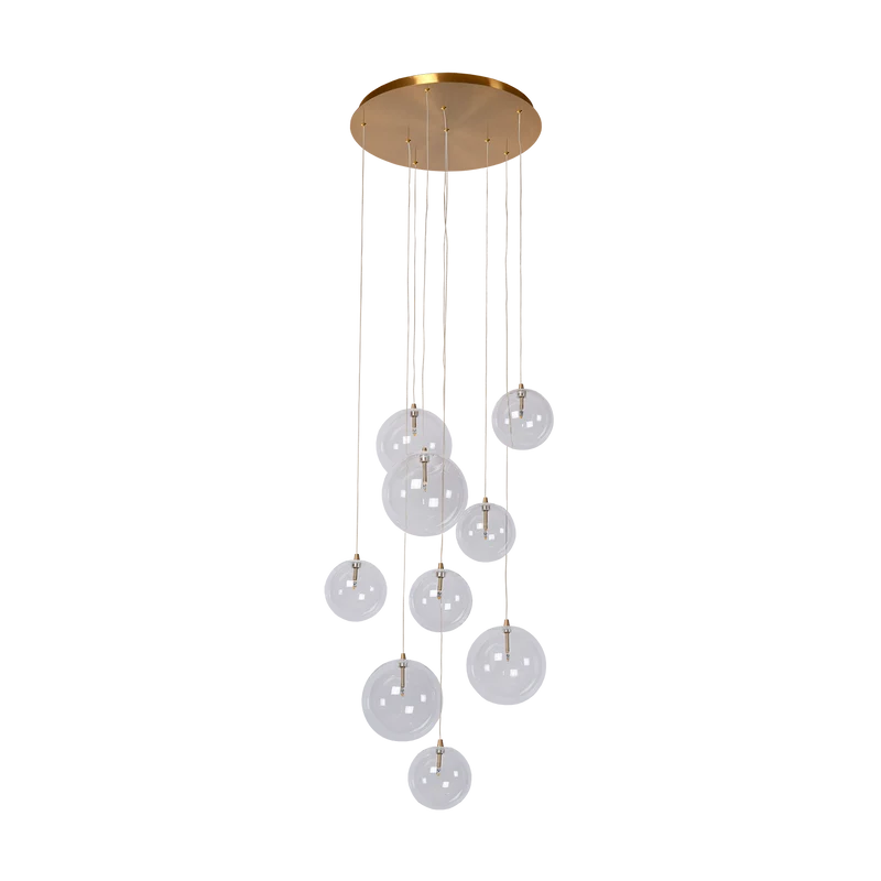 Cluster Hanglamp 9 Glazen Bollen Antiek Messing Verstelbaar 170cm Woonkamer | Sansoti