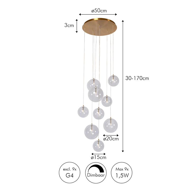 Cluster Hanglamp 9 Glazen Bollen Antiek Messing Verstelbaar 170cm Woonkamer | Sansoti