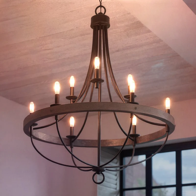 Kroonluchter Industrieel Rond Houtlook Staal Charcoal 90cm 9 Lichts | Sansoti