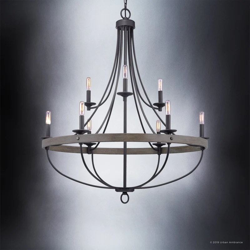 Kroonluchter Industrieel Rond Houtlook Staal Charcoal 90cm 9 Lichts | Sansoti