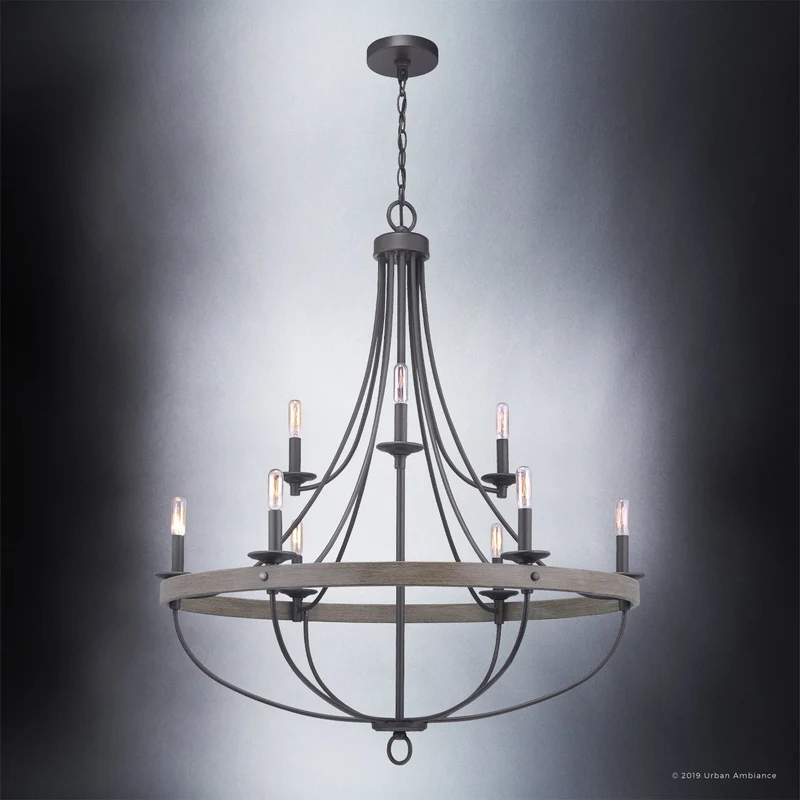 Kroonluchter Industrieel Rond Houtlook Staal Charcoal 90cm 9 Lichts | Sansoti