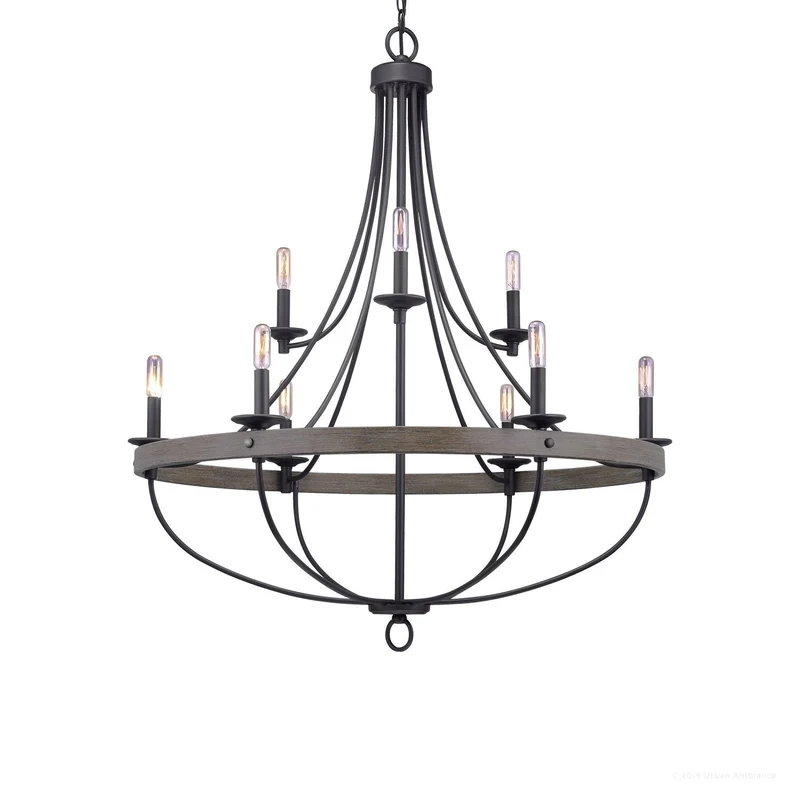 Kroonluchter Industrieel Rond Houtlook Staal Charcoal 90cm 9 Lichts | Sansoti