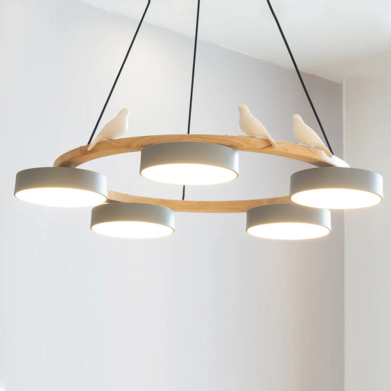 Ronde Hanglamp Met Vogels Houten Ring LED 65cm 72cm | Sansoti