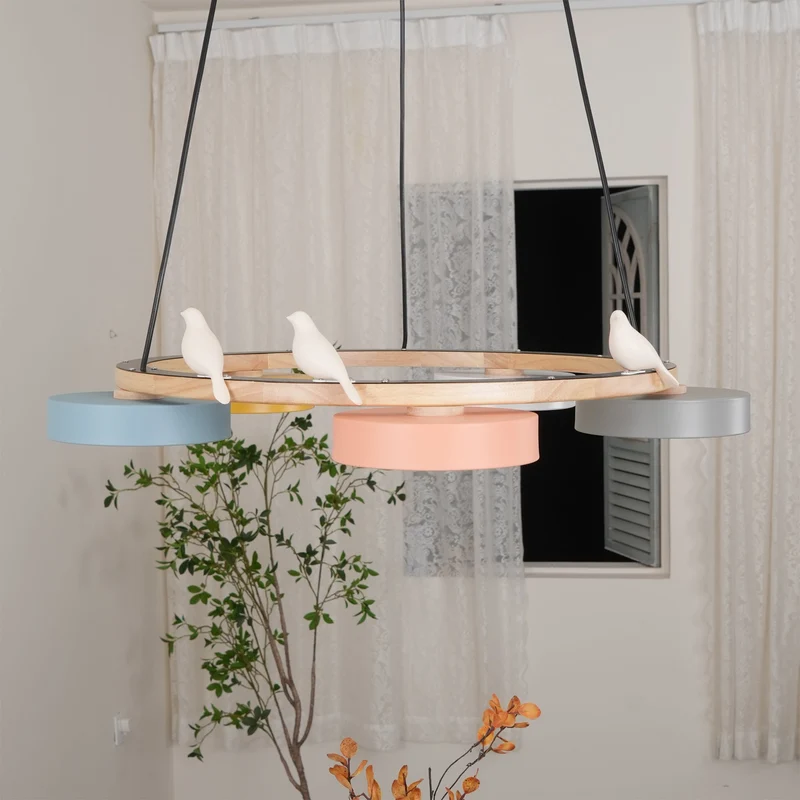 Ronde Hanglamp Met Vogels Houten Ring LED 65cm 72cm | Sansoti