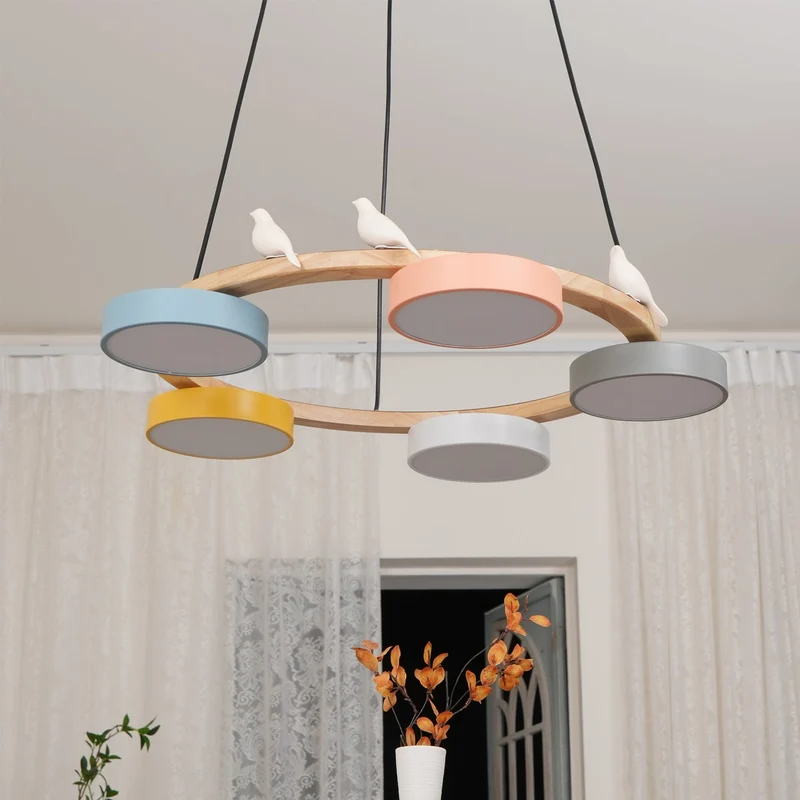 Ronde Hanglamp Met Vogels Houten Ring LED 65cm 72cm | Sansoti