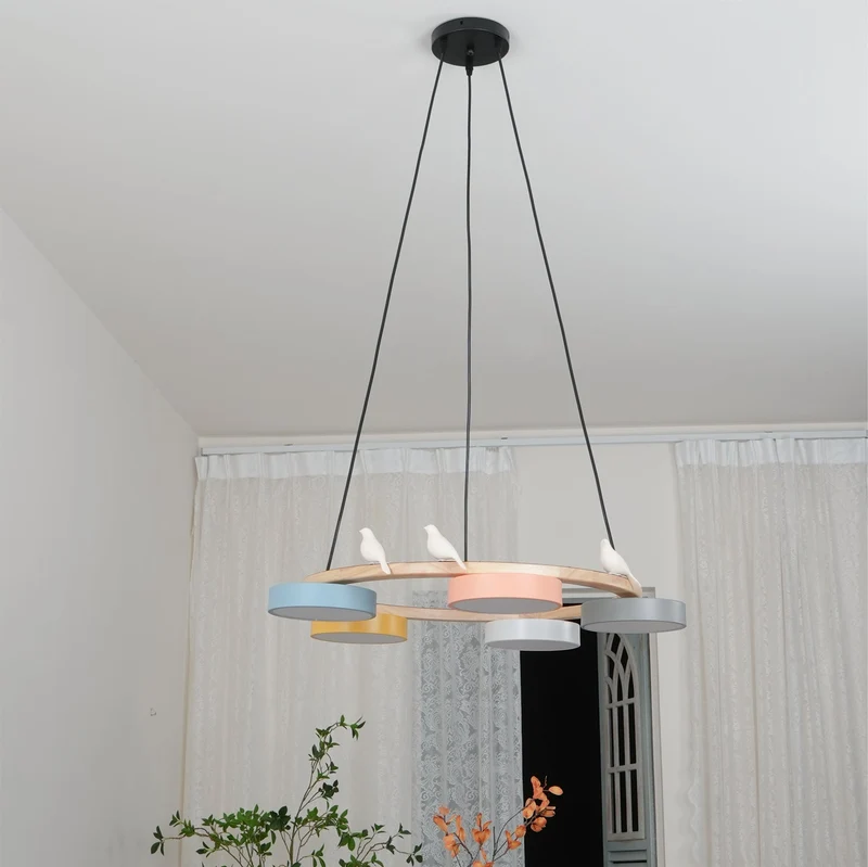 Ronde Hanglamp Met Vogels Houten Ring LED 65cm 72cm | Sansoti