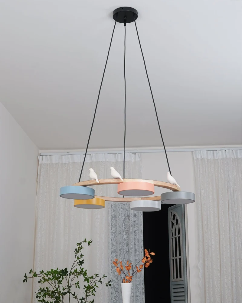 Ronde Hanglamp Met Vogels Houten Ring LED 65cm 72cm | Sansoti
