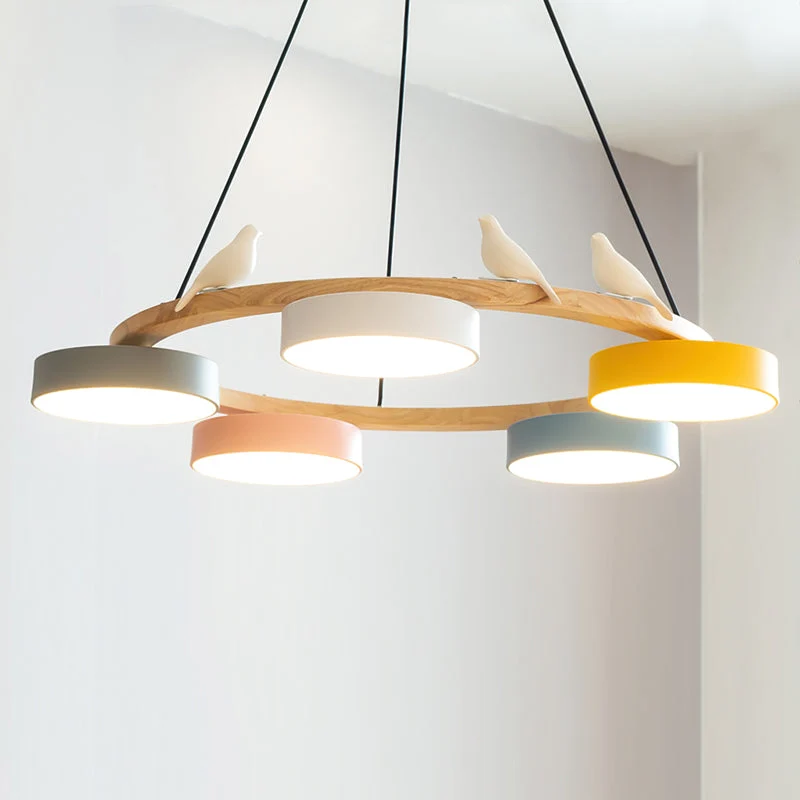 Ronde Hanglamp Met Vogels Houten Ring LED 65cm 72cm | Sansoti