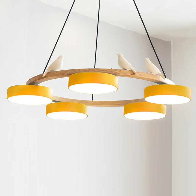 Ronde Hanglamp Met Vogels Houten Ring LED 65cm 72cm | Sansoti