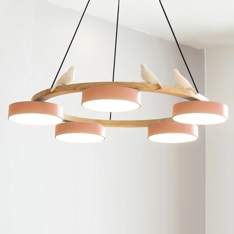 Ronde Hanglamp Met Vogels Houten Ring LED 65cm 72cm | Sansoti