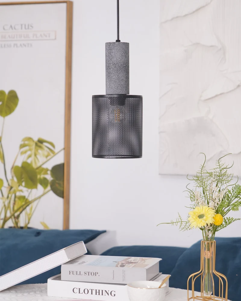 Beton Hanglamp Industrieel Cilinder Metaal Zwart Grijs E27 | Sansoti