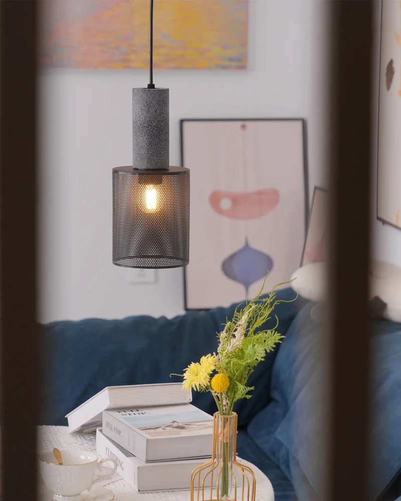 Beton Hanglamp Industrieel Cilinder Metaal Zwart Grijs E27 | Sansoti