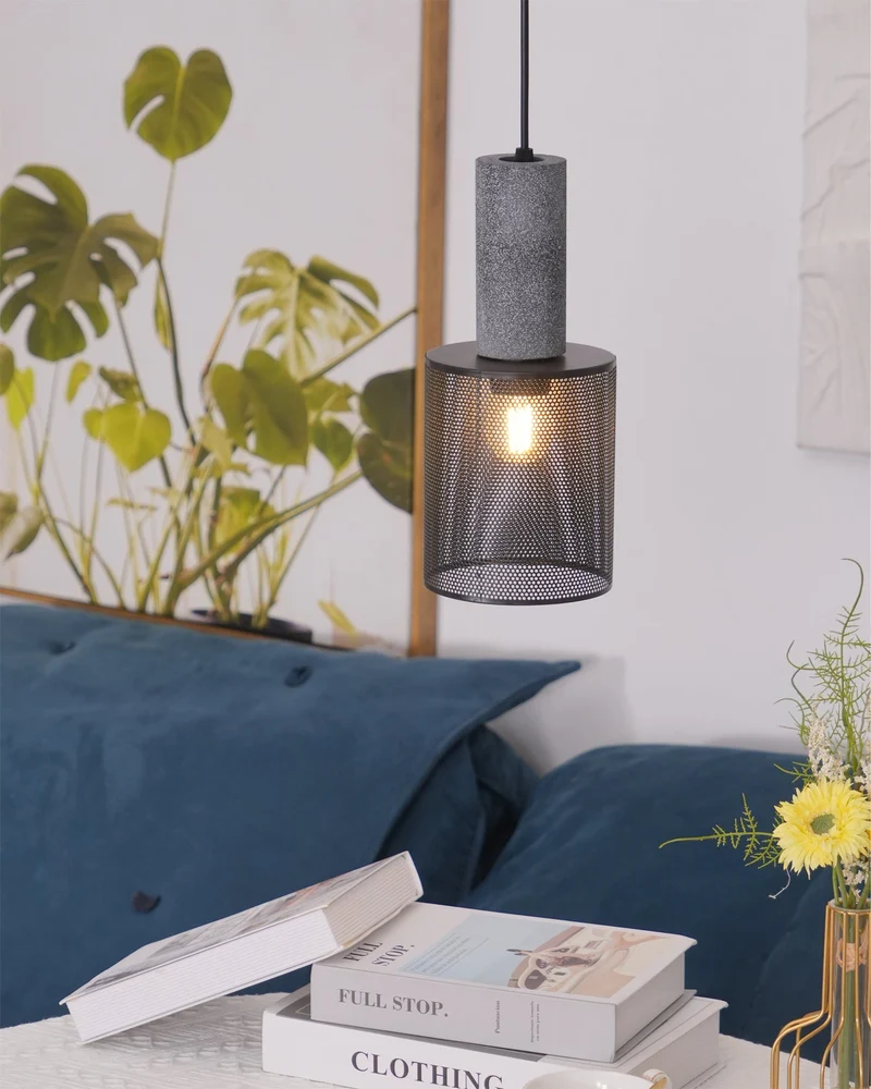 Beton Hanglamp Industrieel Cilinder Metaal Zwart Grijs E27 | Sansoti