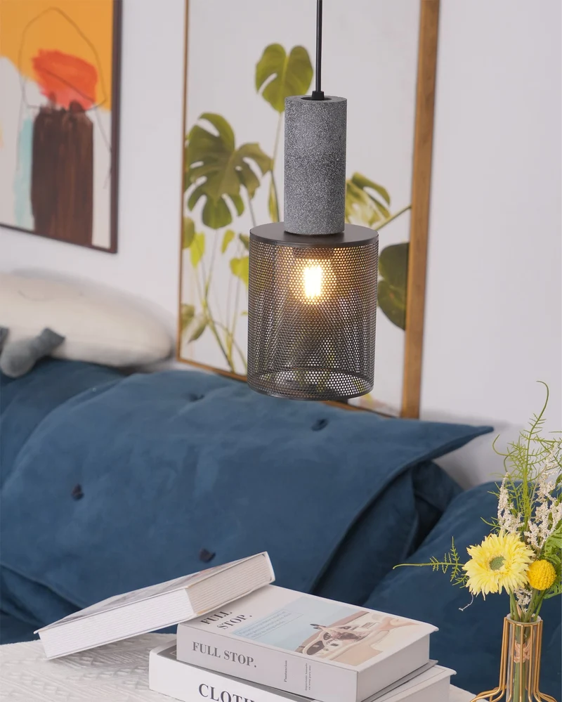 Beton Hanglamp Industrieel Cilinder Metaal Zwart Grijs E27 | Sansoti