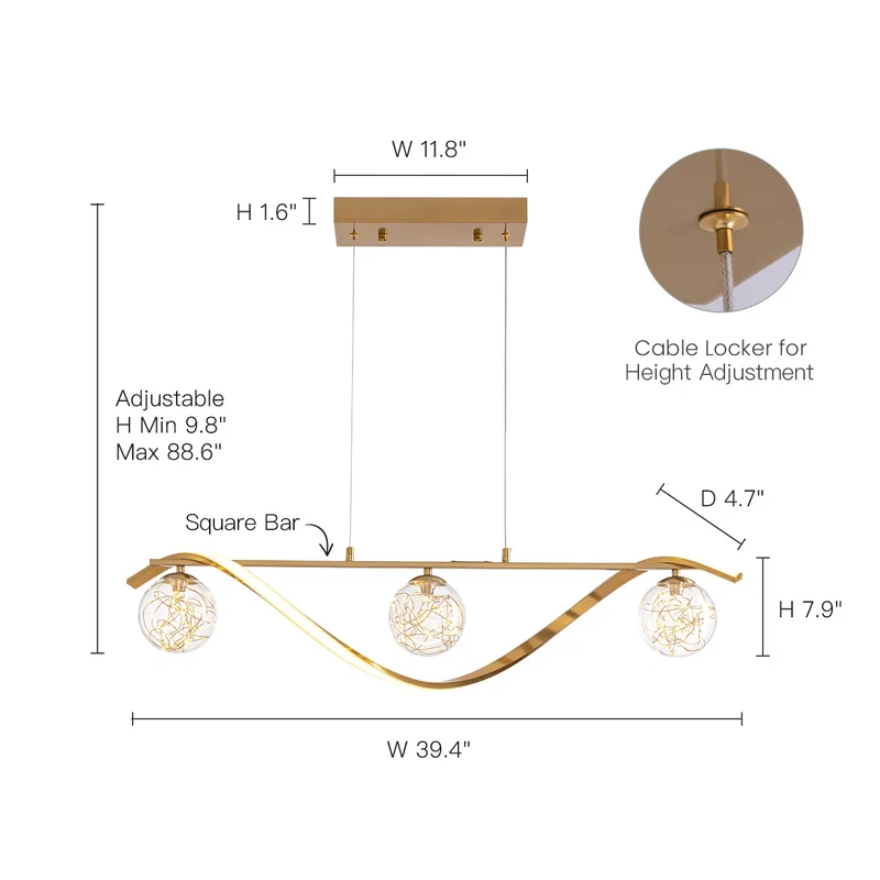 Hanglamp Lineair Glazen Bollen LED Strip Goud Chroom 100cm Eetkamer Keukeneiland Modern | Sansoti