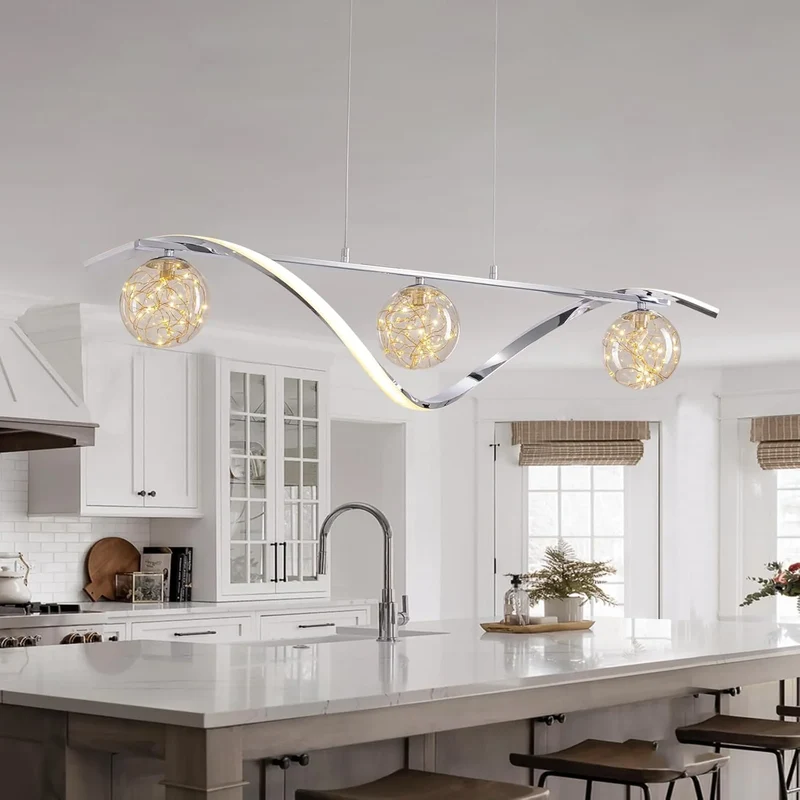 Hanglamp Lineair Glazen Bollen LED Strip Goud Chroom 100cm Eetkamer Keukeneiland Modern | Sansoti