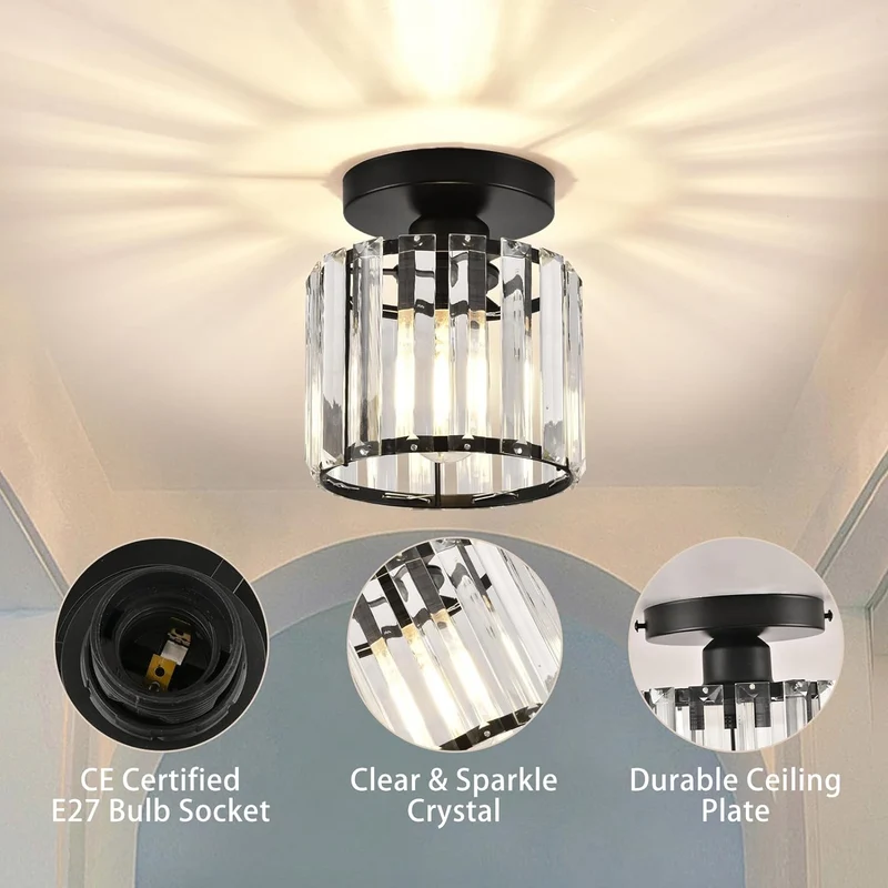 Plafondlamp Kristal Zwart Zilver Goud E27 Opbouw Modern Hal Woonkamer | Sansoti