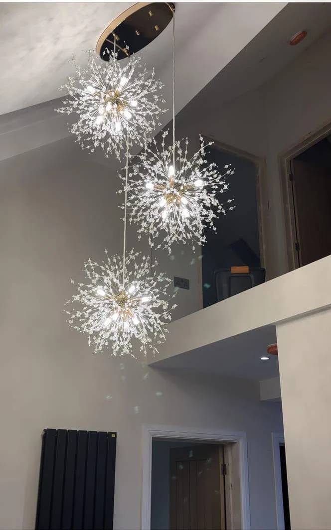 Kroonluchter Vuurwerk Paardenbloem Messing 3 of 5 Bollen 24-40 Lichts Hal Woonkamer Dimbaar