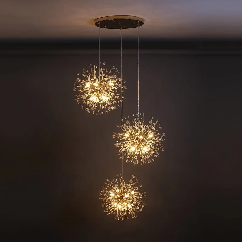 Kroonluchter Vuurwerk Paardenbloem Messing 3 of 5 Bollen 24-40 Lichts Hal Woonkamer Dimbaar