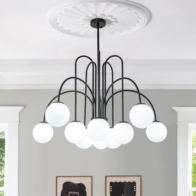 Kroonluchter Swirl 10-Lichts Opaal Glas Zwart Messing 98cm Eetkamer Woonkamer Dimbaar